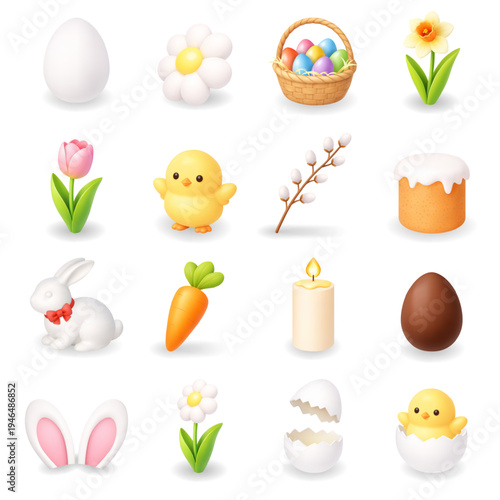Easter icon collection. Eggs, bunny, chick, flowers and basket. Cute 3D vector illustration set isolated on white background