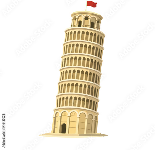 Vector Leaning Tower of Pisa Landmark Full View featuring Iconic Italian Architecture and Tilted Bell Tower for Travel and Tourism Graphic Design