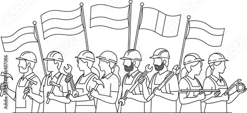Diverse group of construction workers holding various tools stands proudly beneath waving national flags in a line drawing illustration