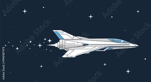 Sleek futuristic white and blue spaceship rapidly traveling through the dark starry expanse of deep space