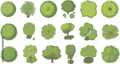 Top view collection of green tree icons set, landscape design elements, forest canopy symbols, isolated vector illustration for map design, urban planning, garden layout