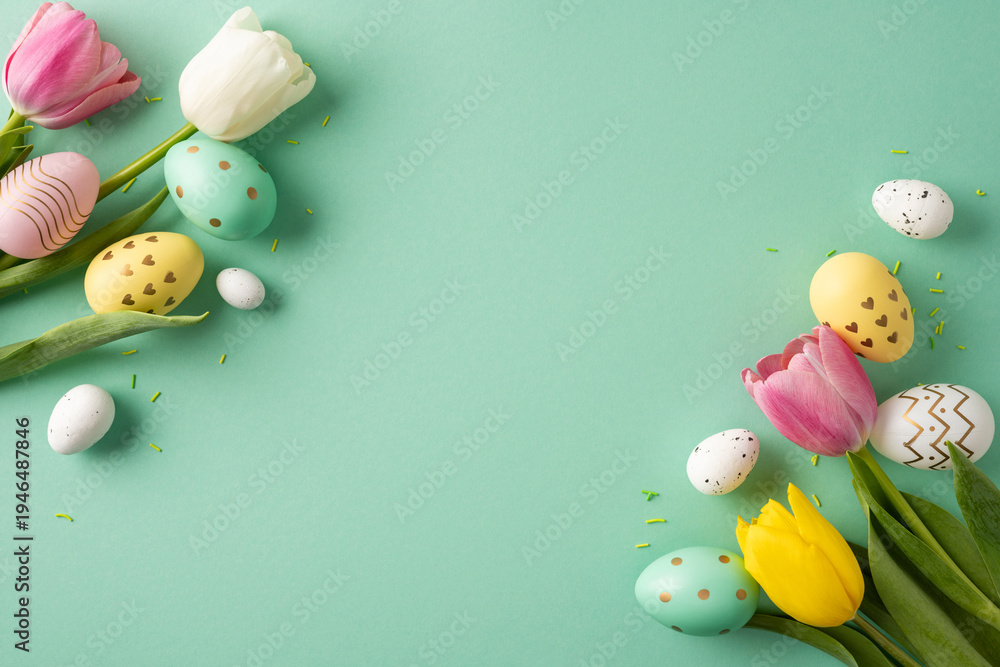 Fototapeta premium Happy Easter concept with decorated eggs and colorful tulip flowers arranged on a mint pastel background evoking spring celebration and festive mood