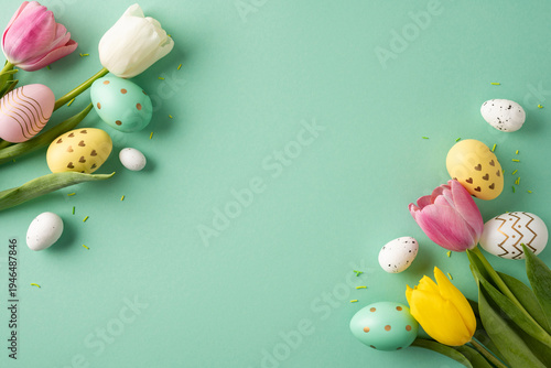 Happy Easter concept with decorated eggs and colorful tulip flowers arranged on a mint pastel background evoking spring celebration and festive mood