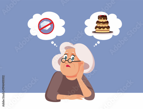 Woman Choosing a Sugar Free Lifestyle Vector Illustration. Elderly lady thinking about sugar addiction starting a new lifestyle sugar free
