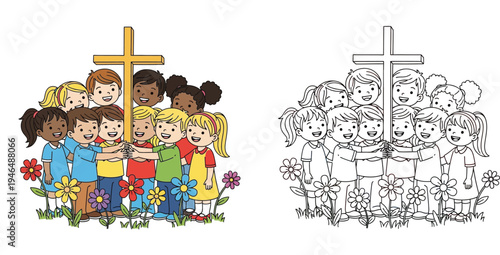 Diverse Children Holding Hands Around Cross in Flower Field - Christian Unity and Friendship