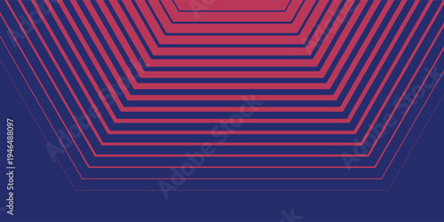 Abstract geometric pattern with red and pink lines forming nested hexagonal shapes on a dark blue background, creating a modern gradient effect.