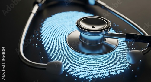 A Stethoscope on glowing fingerprint representing digital health and identity internet safety, stethoscope chest piece resting on a glowing digital fingerprint made of blue light particles on a dark b