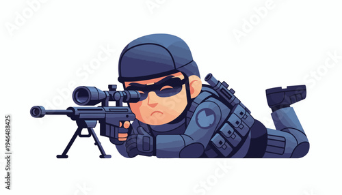 Cartoon military soldier aiming a sniper rifle, ready for combat on a white background
