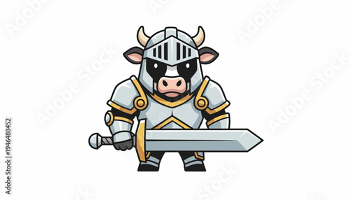 Cartoon Warrior Cow Knight Mascot Holding a Sword and Wearing Armor