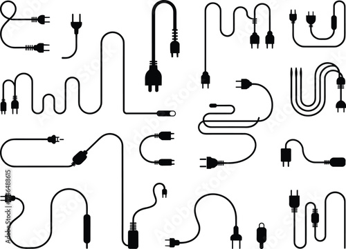 Electric power cable plug set, black wire connection illustration, electrical cord collection, energy supply design, cad drawing flat vector illustration