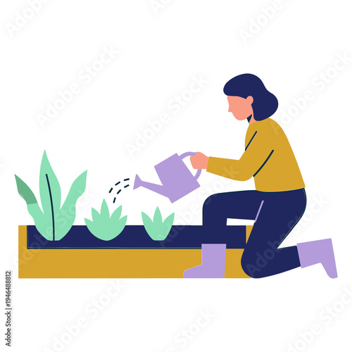 Woman kneeling outdoors watering plants with a purple watering can