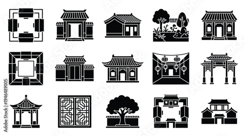 Collection of Silhouetted Traditional Chinese Architectural Elements and Garden Designs.