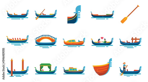 Collection of various gondolas and Venetian boats, showcasing different designs and activities on the water.