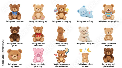 A collection of 15 adorable teddy bear plush toys, showcasing various designs, poses, and accessories, perfect for children's gifts and decor.