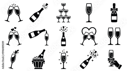 Collection of black and white icons representing champagne bottles, glasses, and celebratory moments.