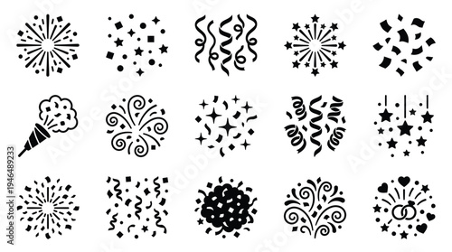 Collection of festive confetti and fireworks icons, perfect for celebrations and party themes.