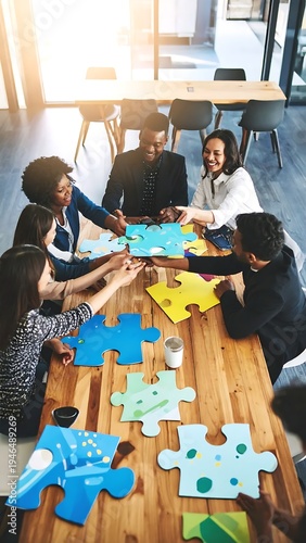 A group of people collaborating on a puzzle