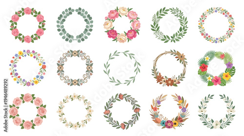 A collection of fifteen circular floral wreaths, each with a unique design and color palette, arranged in a grid.
