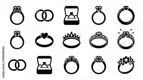 Collection of various ring icons, including engagement rings, wedding bands, and decorative rings, presented in a grid layout.