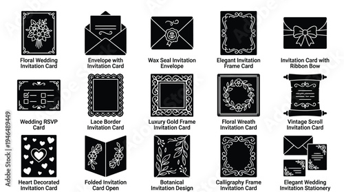 Collection of elegant wedding invitation card designs and stationery elements, including envelopes, frames, and decorative motifs.