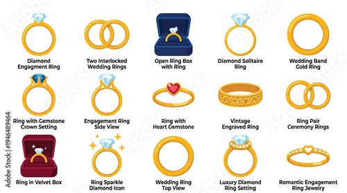 Collection of various diamond and gold ring designs, including engagement, wedding, and luxury styles, presented in a clear visual layout.
