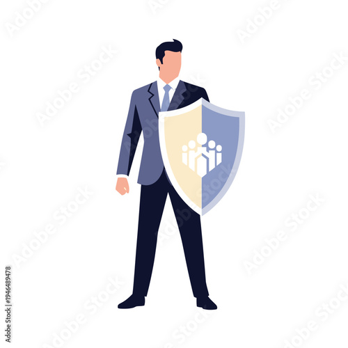 Businessman protecting people with shield, security, safety, insurance, teamwork