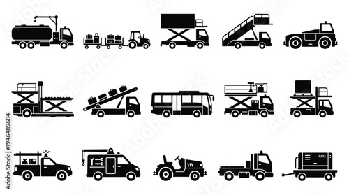 Collection of Silhouetted Airport Ground Support Equipment and Vehicles.
