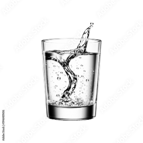Black and white illustration of water pouring into a glass creating a swirl vortex and bubbles. Minimalist liquid motion concept symbolizing freshness, hydration, purity and dynamic flow.