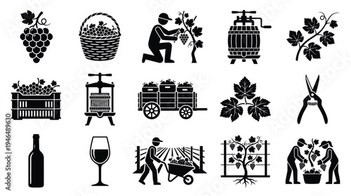 Collection of black and white icons representing various aspects of viticulture and winemaking, from grape harvesting to wine consumption.
