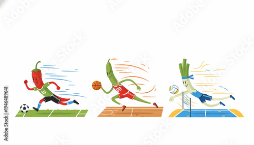 Lively cartoon vegetables enjoying various sports activities, depicting a fun and healthy lifestyle with a dynamic and playful spirit