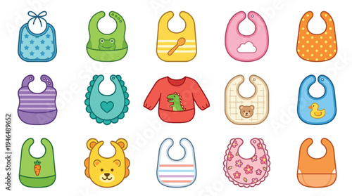 A collection of colorful and patterned baby bibs and a baby sweater, featuring various designs and cartoon characters.