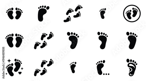 Collection of diverse black footprint icons and illustrations, representing walking, steps, and baby footprints in various arrangements and styles.