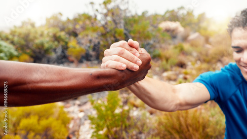 Billede på lærred Help, fitness and team with hands of men outdoor for workout partner, runner and support together