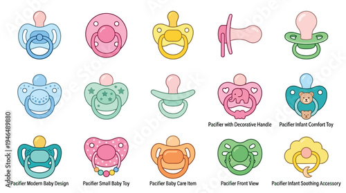 Collection of various baby pacifiers and soothers with different designs and colors, including modern, decorative, and infant comfort toys.
