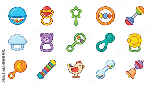 A collection of colorful baby rattles and toys, featuring various shapes and designs for infant entertainment and development.