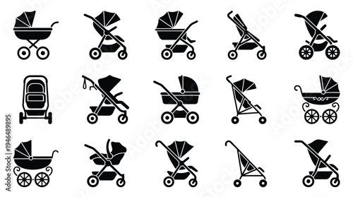 A collection of 15 black and white silhouette icons representing various types of baby strollers and prams, showcasing different designs and functionalities.