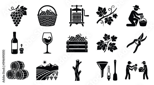 Collection of black and white icons representing the entire process of winemaking, from grape harvesting to bottling and enjoying wine.