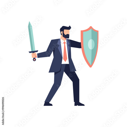 Businessman with sword and shield, ready for battle, protection, strategy, corporate warrior