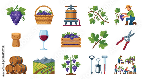A vibrant collection of illustrations depicting various aspects of winemaking, from grape harvesting to wine production and enjoyment.