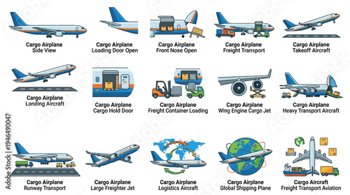 Collection of Cargo Airplane Illustrations Showing Various Aspects of Air Freight and Logistics Operations.