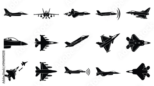 Collection of Silhouetted Fighter Jets in Various Poses and Angles, Showcasing Aerodynamic Designs and Military Aircraft Technology.