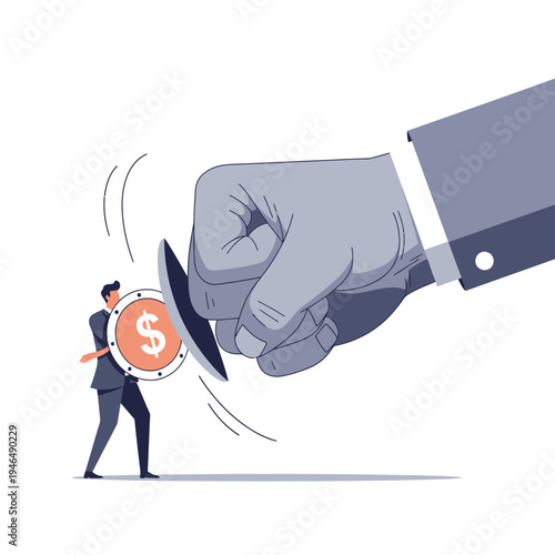 Small Businessman Defends Against Giant Fist Punching Coin