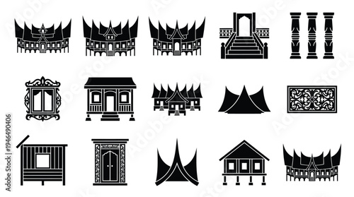 Collection of Silhouetted Traditional Indonesian Architectural Elements and Buildings.