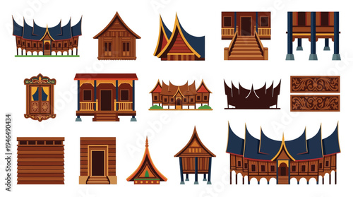 Collection of traditional Indonesian houses and architectural elements, showcasing diverse styles and intricate wooden designs.