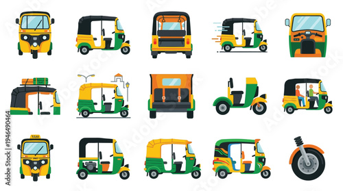 Collection of various auto rickshaws and a motorcycle wheel, presented from different angles and in diverse designs.