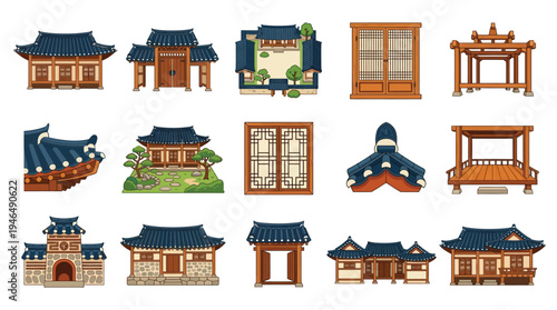 Collection of pixel art illustrations depicting traditional Korean architectural elements and buildings, including houses, gates, and pavilions.