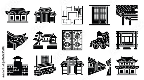 Collection of Traditional East Asian Architectural Elements and Building Designs, Featuring Pagodas, Gates, Floor Plans, and Decorative Screens.