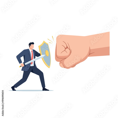 Businessman Defending Against Giant Fist with Sword and Shield