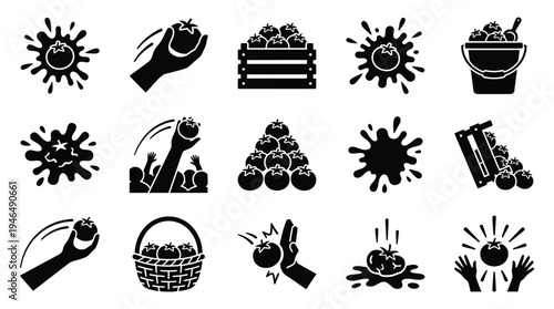 Collection of black and white icons depicting various actions and scenarios involving tomatoes, including splattering, harvesting, and handling.