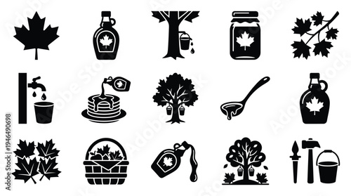 Collection of black and white icons representing maple syrup production, from sap collection to finished products.